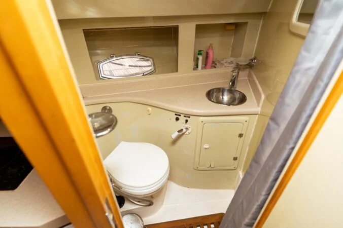 Modern bathroom inside a private yacht rental in Qatar
