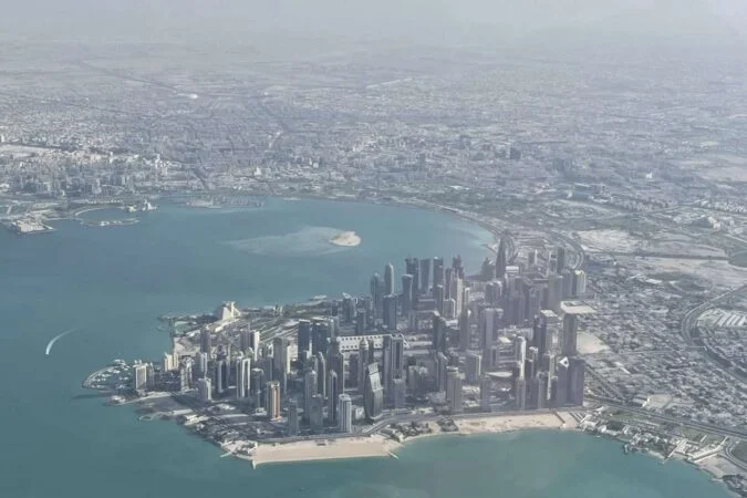 Bird’s eye view of Doha skyline taken from Piper Archer aircraft