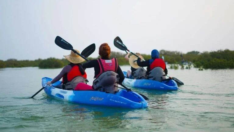 Three people in blue kayaks paddle through calm water at Purple Island Mangroves, wearing life jackets and hats, surrounded by lush greenery and a hazy sky.