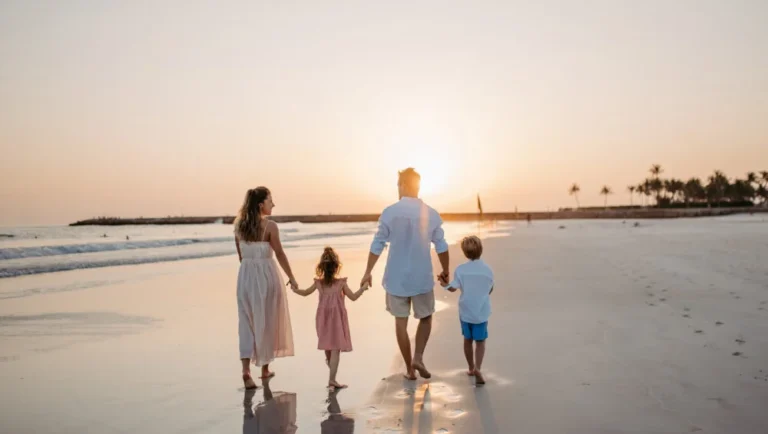 A family of four walks hand-in-hand along the beach at sunset, enjoying peace of mind knowing health insurance is mandatory, as the sun dips low on the horizon and palm trees sway gently in the distance.