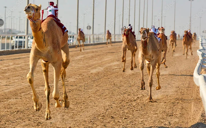 Racing camels on the track at Shehaniyah Camel Race in Doha Qatar