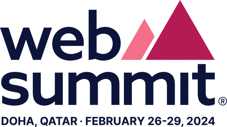 Web Summit Qatar 2024 logo features two pink mountain shapes above the text web summit. Below, it reads Doha, Qatar – February 26-29, 2024.
