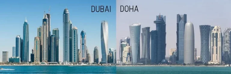 Side-by-side view of the modern skyscraper skylines of Dubai (left) and Doha (right), two Arabian Gems photographed from the waterfront on a clear day.