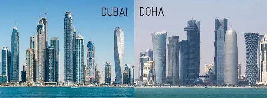 Side-by-side view of the modern skyscraper skylines of Dubai (left) and Doha (right), two Arabian Gems photographed from the waterfront on a clear day.