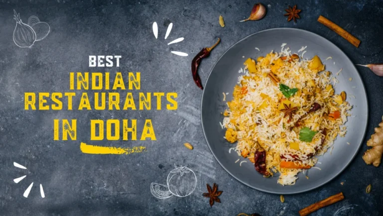 A flatlay of a plate of biryani on a dark surface with spices highlights the best Indian restaurants in Doha. Bold yellow and white text reads: “Best Indian Restaurants in Doha.” Decorative doodles and food ingredients surround the scene.