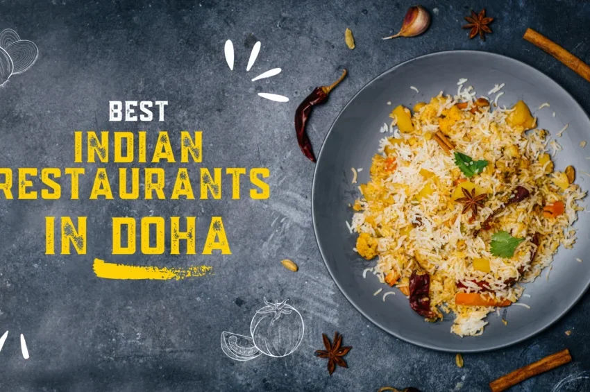 A flatlay of a plate of biryani on a dark surface with spices highlights the best Indian restaurants in Doha. Bold yellow and white text reads: “Best Indian Restaurants in Doha.” Decorative doodles and food ingredients surround the scene.