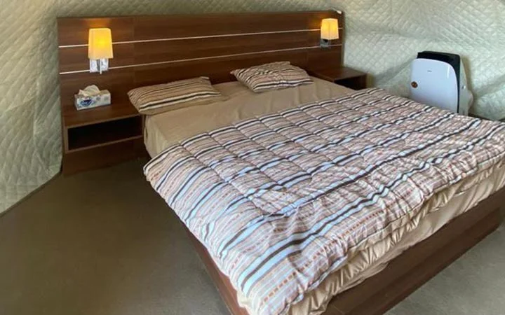 A neatly made double bed with striped bedding sits against a wooden headboard with built-in shelves and two wall lamps, offering comfort reminiscent of overnight camping. A box of tissues and an air purifier are visible in the room.