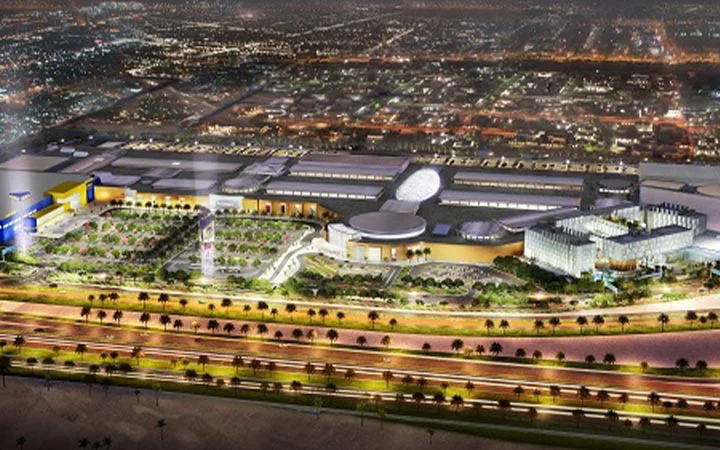 Aerial night view of Doha Festival City Mall with lights
