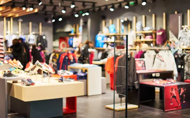 A brightly lit clothing store in Place Vendome Mall in Qatar features racks of colorful clothes and shelves with sneakers, jackets, and sportswear. The modern design and scattered customers browsing create a vibrant shopping atmosphere.