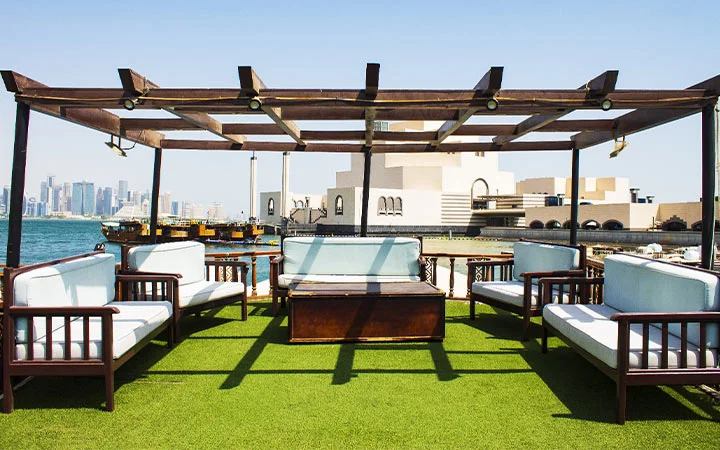 Rooftop lounge area of dhow boat for dinner cruise in Doha