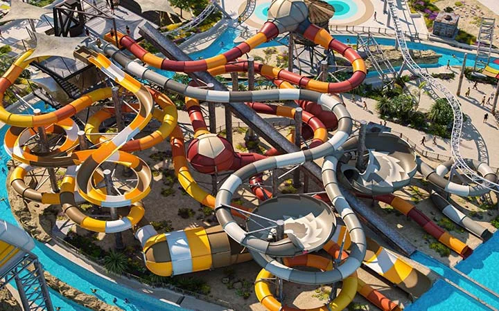 Twisting slides and attractions at Meryal Waterpark in Qatar