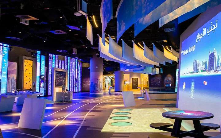 Interior of 3-2-1 Qatar Olympic and Sports Museum showing interactive displays and exhibits