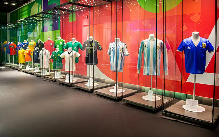 Display of international sports jerseys at 3-2-1 Qatar Olympic and Sports Museum in Doha