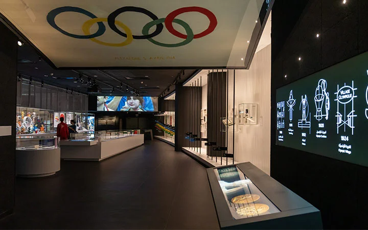 Exhibition area with Olympic rings and historical displays inside 3-2-1 Qatar Olympic and Sports Museum
