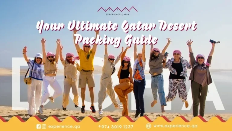 A group of people jump in the air on a sandy desert, all wearing sunglasses and headscarves. The text reads Your Ultimate Qatar Desert Safari Packing Guide. Social media and contact info are displayed at the bottom.