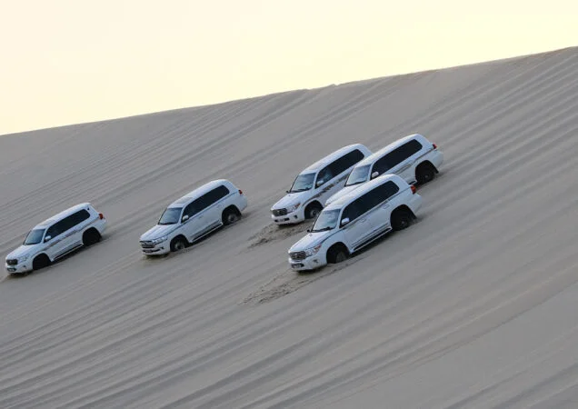 Four white SUVs drive down a steep, sandy desert dune in parallel, leaving tire tracks behind them. Under Qatar’s breathtaking sunrise, the scene captures the thrill of a desert safari or off-road adventure in stunning light.