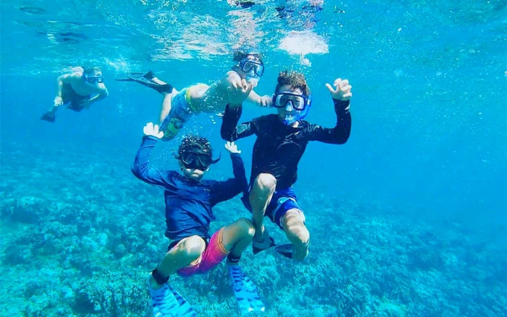 Four people snorkel underwater off Awa Island in the clear blue ocean, wearing masks and fins. Two are close to the camera making hand gestures, while two others swim in the background—perfect for a Shura Luxury Day-Cation. Sunlight shines through above.